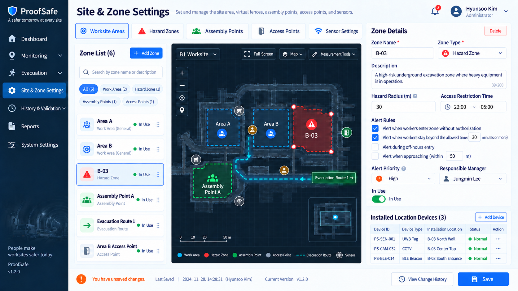 ProofSafe manager dashboard: site settings mockup