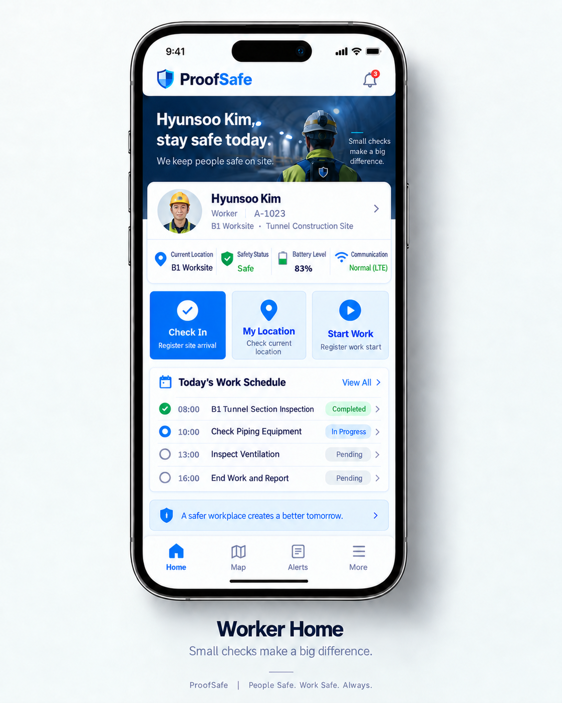 ProofSafe worker mobile app: home screen mockup