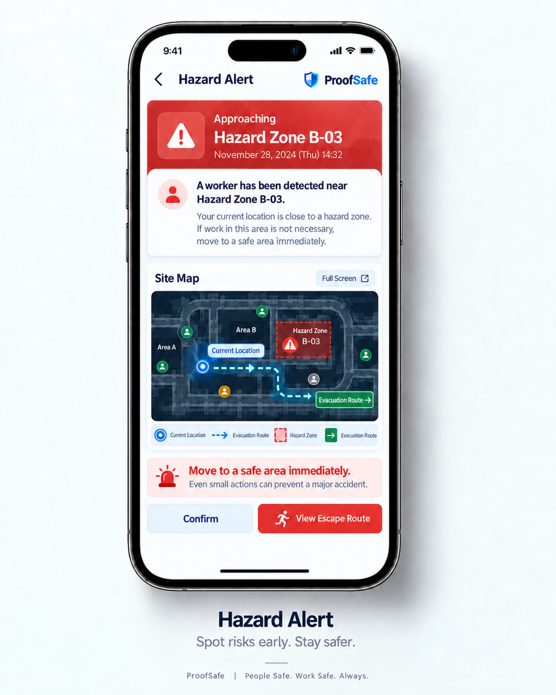 ProofSafe worker mobile app: hazard alert mockup