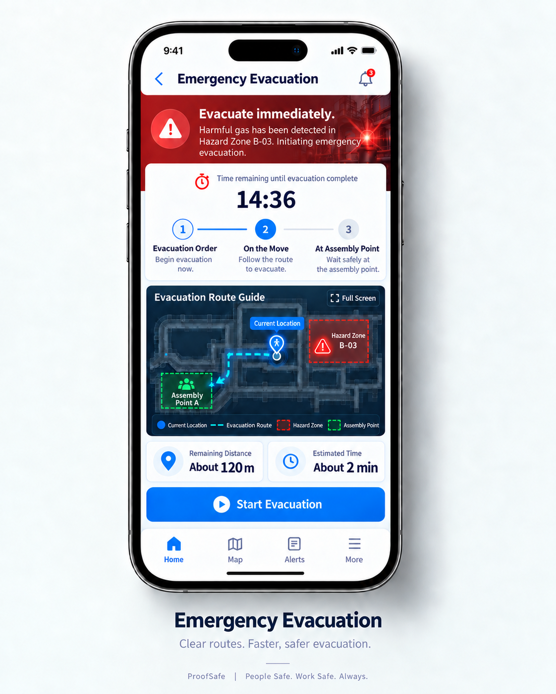 ProofSafe worker mobile app: evacuation guide mockup
