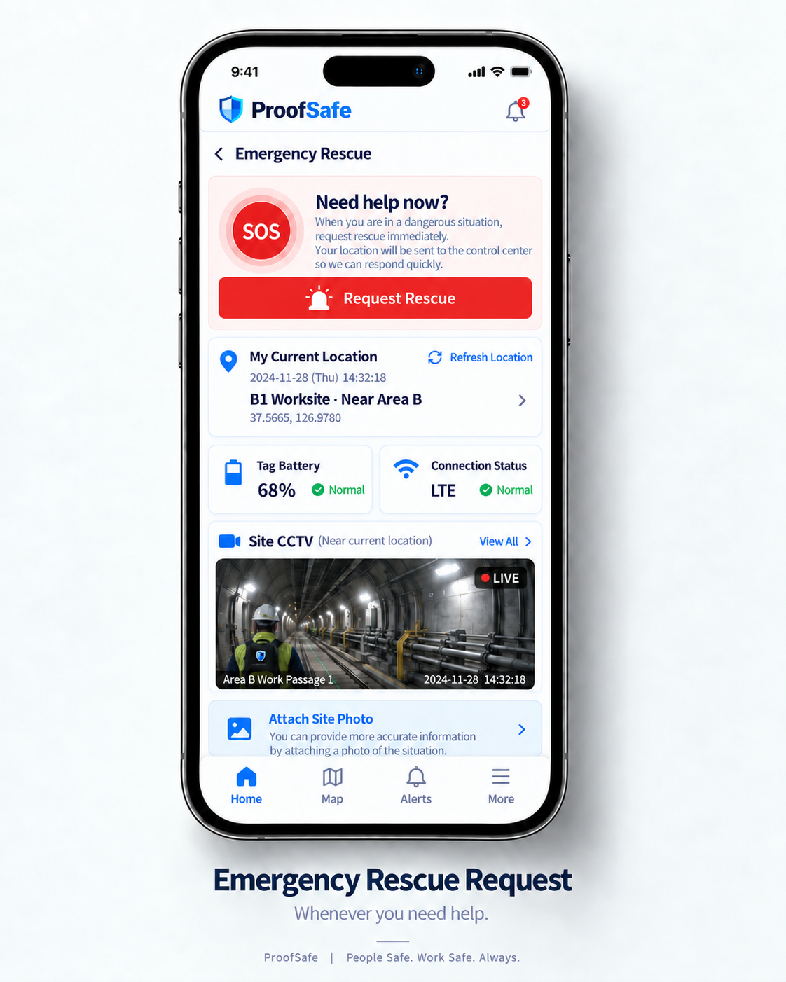 ProofSafe worker mobile app: rescue request mockup